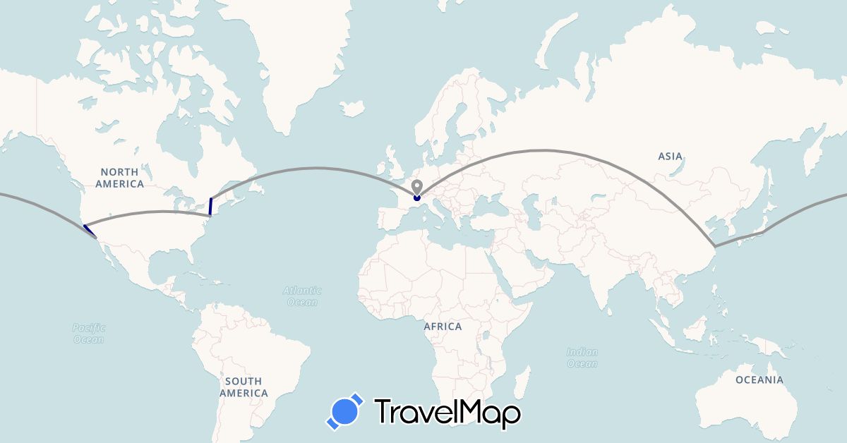TravelMap itinerary: driving, plane in Canada, Switzerland, China, France, Japan, United States (Asia, Europe, North America)